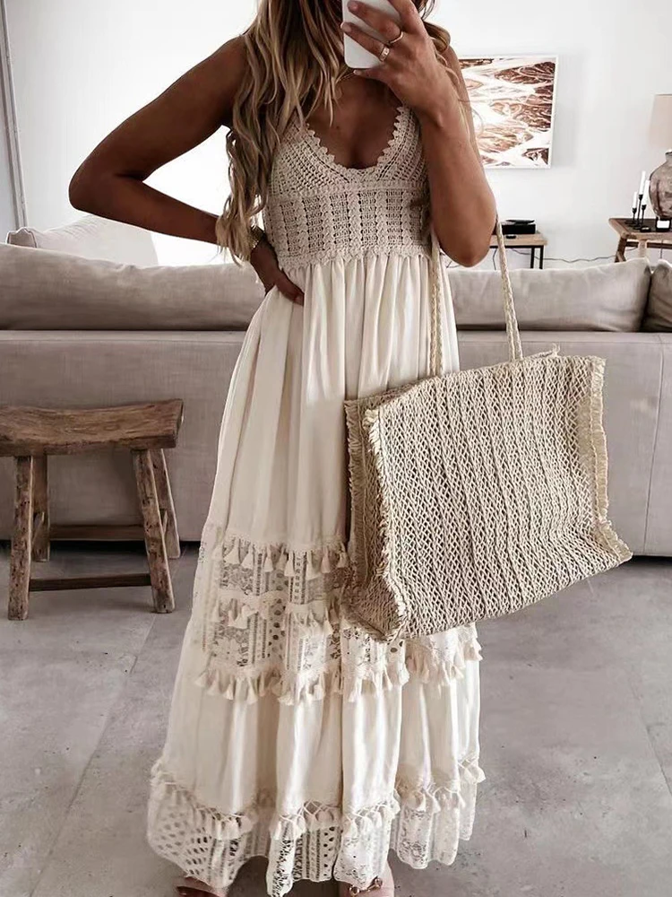 Boho Sexy Deep V Neck Crochet Suspender Dress Women Elegant Embroidery Lace Tassel Long Dress Spring Summer Backless Beach Dress