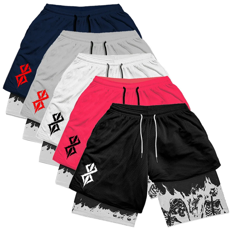 Berserk Skull Print 2 in 1 Running Workout Shorts for Men Gym Athletic Quick Dry Stretch Shorts with Pockets Summer Activewear