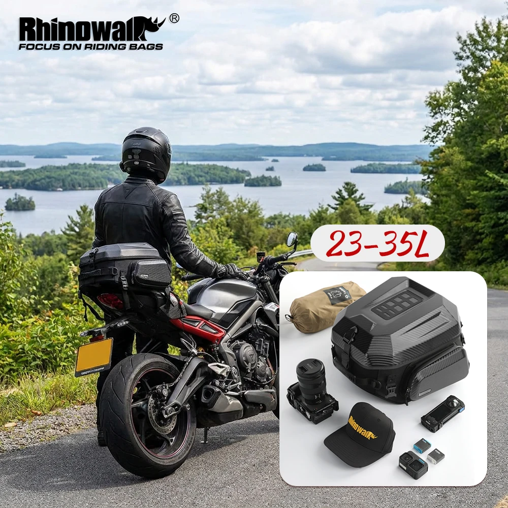 Rhinowalk Motorcycle Tail Helmet Storage Bag 23L-35L Expandable Hard Shell Back Seat Saddlebag Motor Travelling Riding Backpack
