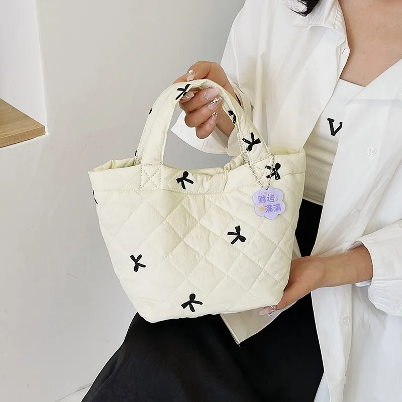 Ins Wind Hand-held Embroidered Bow Bucket Bag Out Handbag Cotton Clothes Rhombus Light Commuter Handbag