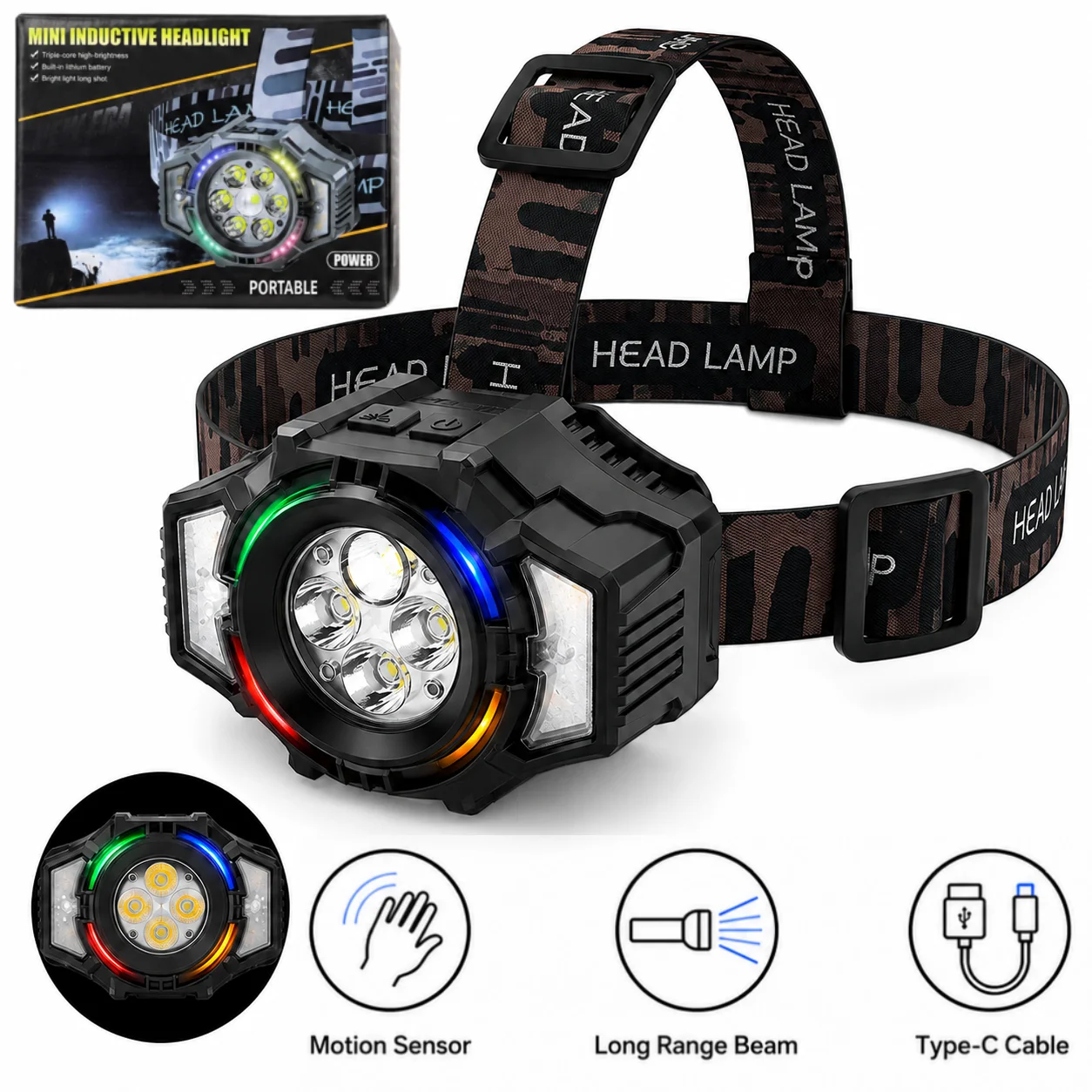 Rechargeable LED Headlamp, 6 Modes with Main Beam, Warm Side Floodlight & Color Running Light, Motion Sensor, IP65 Waterproof, Type-C Charging, 60g Lightweight, 75° Adjustable, Elastic Headband for Camping, Fishing