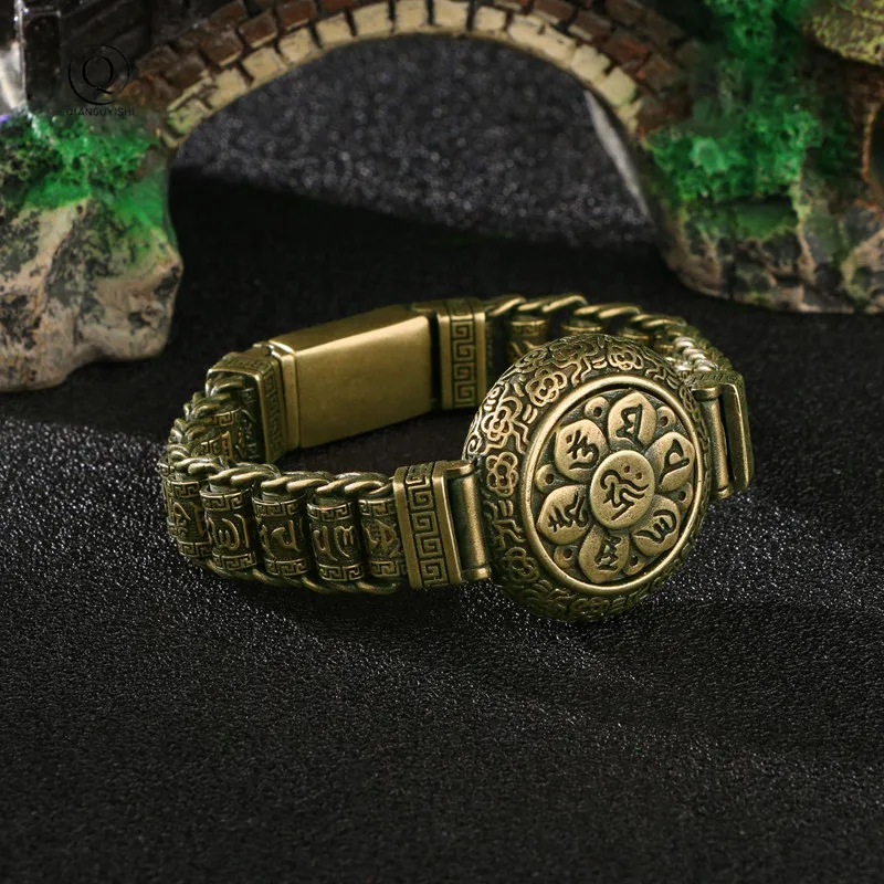 Brass Buddhist Scriptures Cuff Bangles Pure Copper Buddhism Mantra Lucky Bracelets Vintage rotating Women Men Hands Jewelry