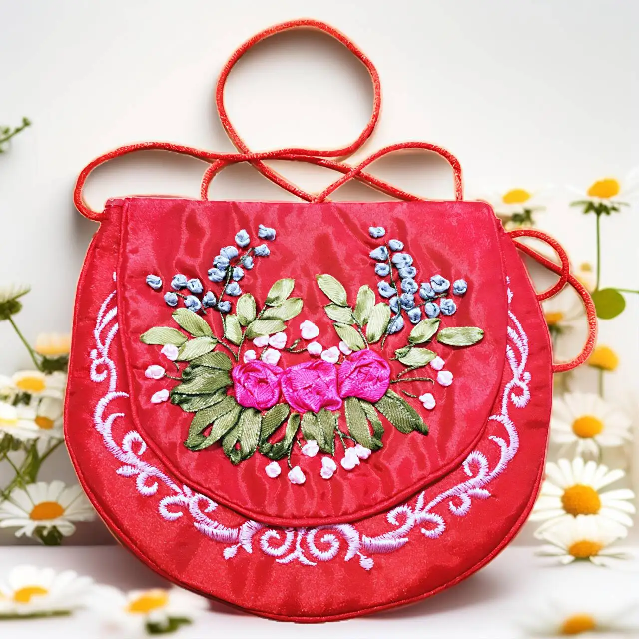 Hand-Embroidered Floral Ribbon Crossbody Bags Rose Pink & Red Mini Purse Boho Chic Strap Crossbody Mini Wallet Accessories