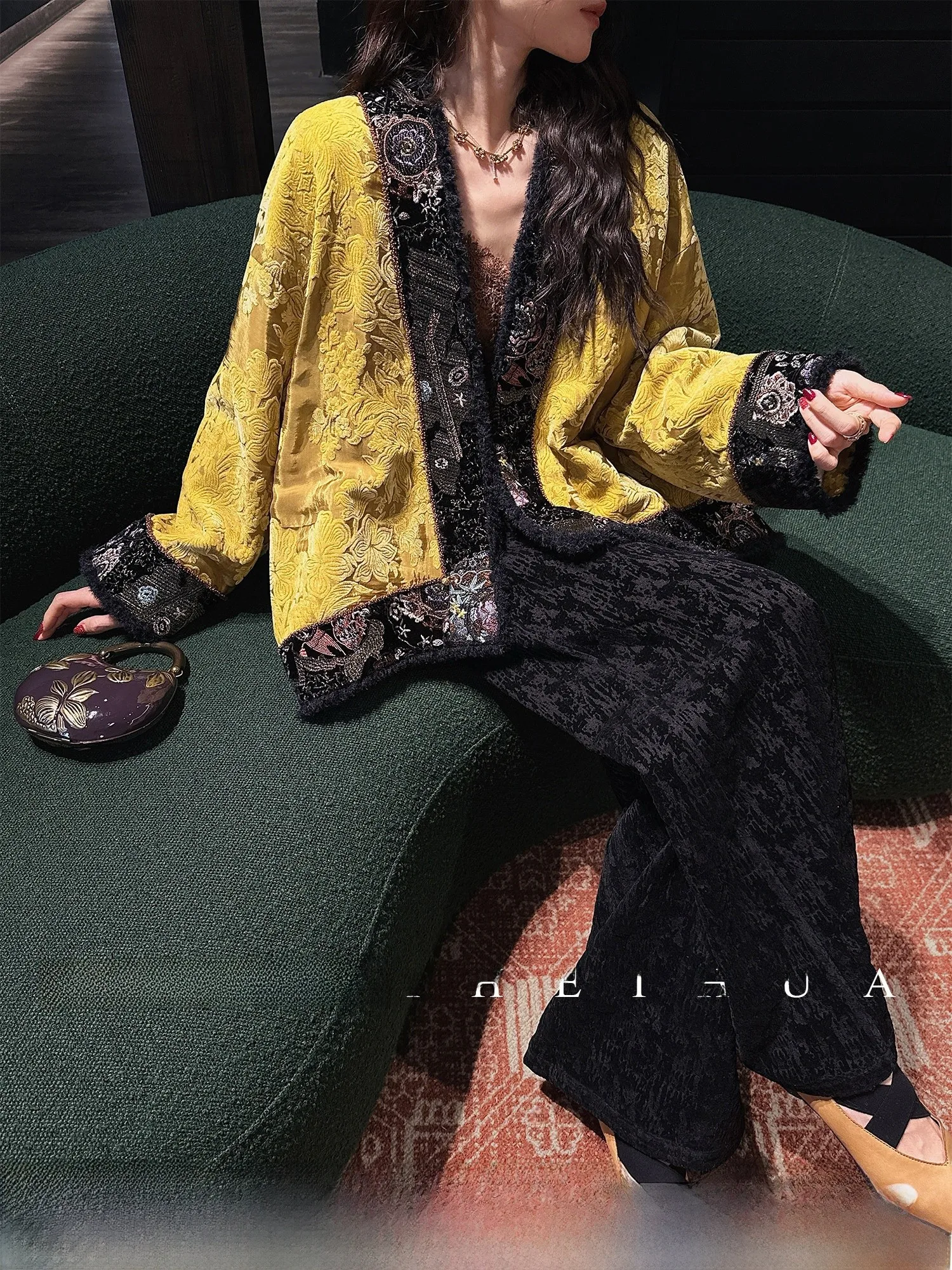 

Широкие брюки Sanji Bla Flower с фактурной тканью, женские зимние модные повседневные брюки прямого кроя в стиле ретро