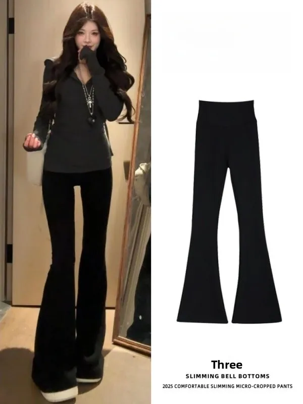 Slim Fit Hohe Taille Bell Bot Hosen frauen Fitn Yoga Hosen Dünne Winter Sle Bla Farbe Koreanische Sle Pendeln Faion