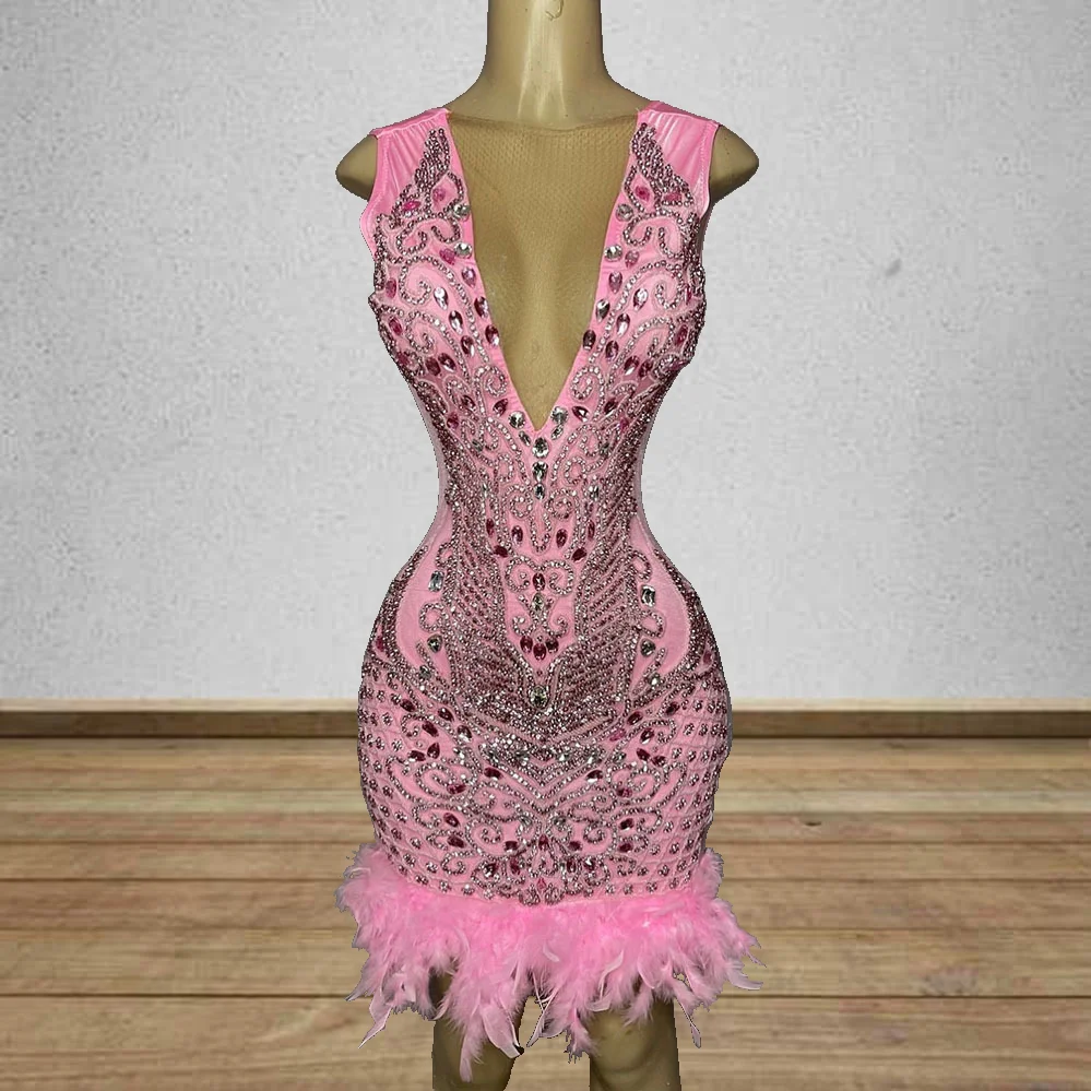 Pink Birthday Dresses Luxury Feathers Short Mermaid Prom Gowns Sheer Neck Vestidos De Graduación Customized Party Outfits