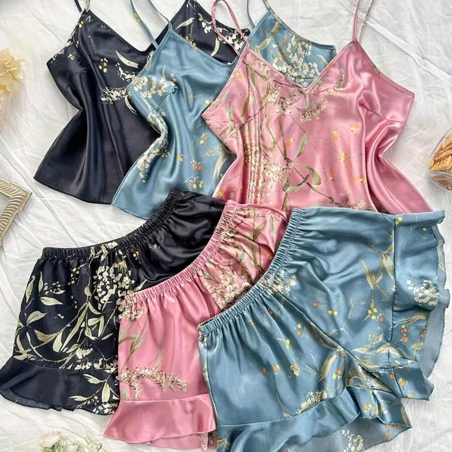 6pcs Womens Satin Floral Print Sleepwear Set With Ruffle Shorts And Suspender Top