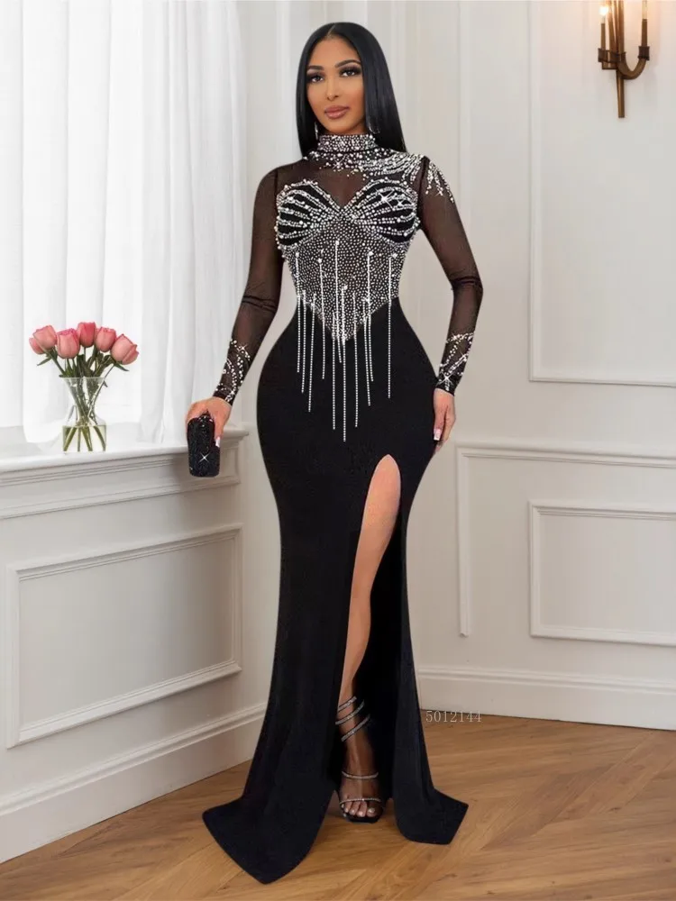 

Women's mesh diamond studded pearl dress with chain, heavy craftsmanship dress with slit and floor length, women's dress 2026