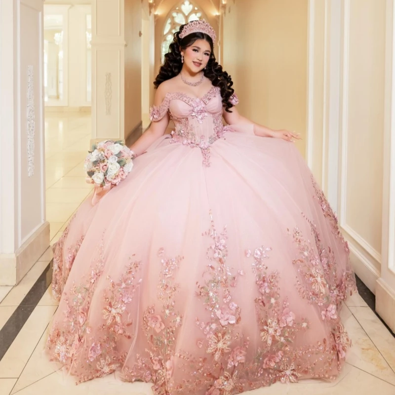 Pink Shiny Princess Spaghetti Strap Sweet 16 Dress Quinceanera Dresses Sequin Applique Flower Beads Tull Party Birthday Vestidos