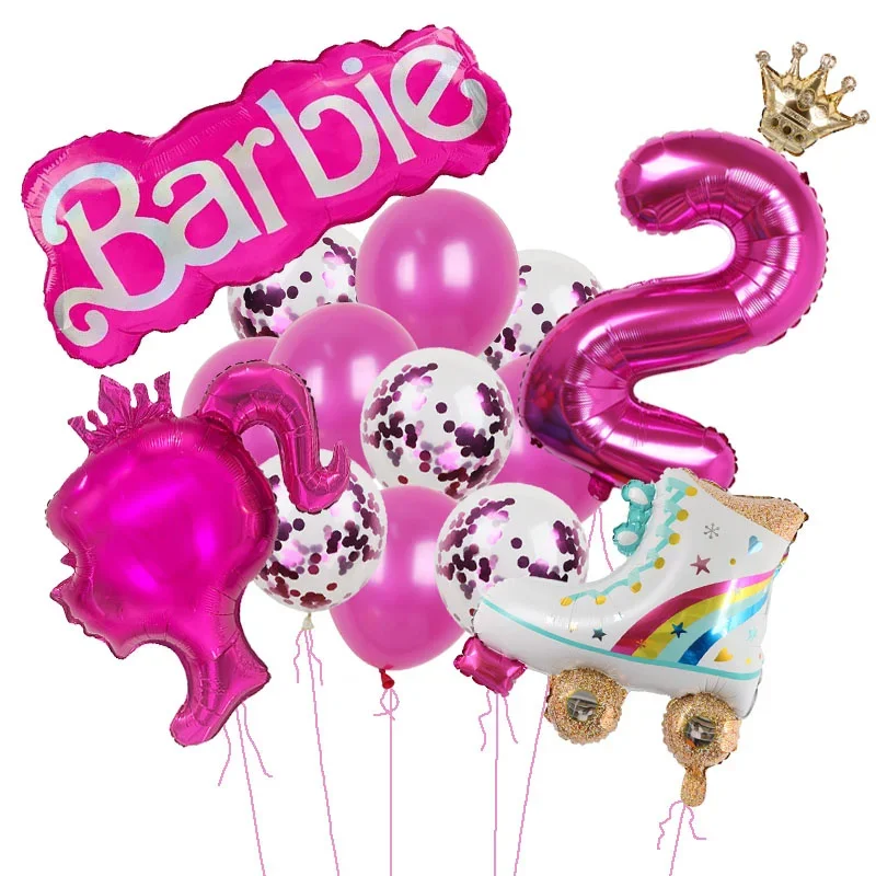 15 pz rosa Barbie corona cuore stella Foil Globos rosa rosso paillettes palloncino in lattice numero 1-9th Baby Shower bambini ragazza festa di