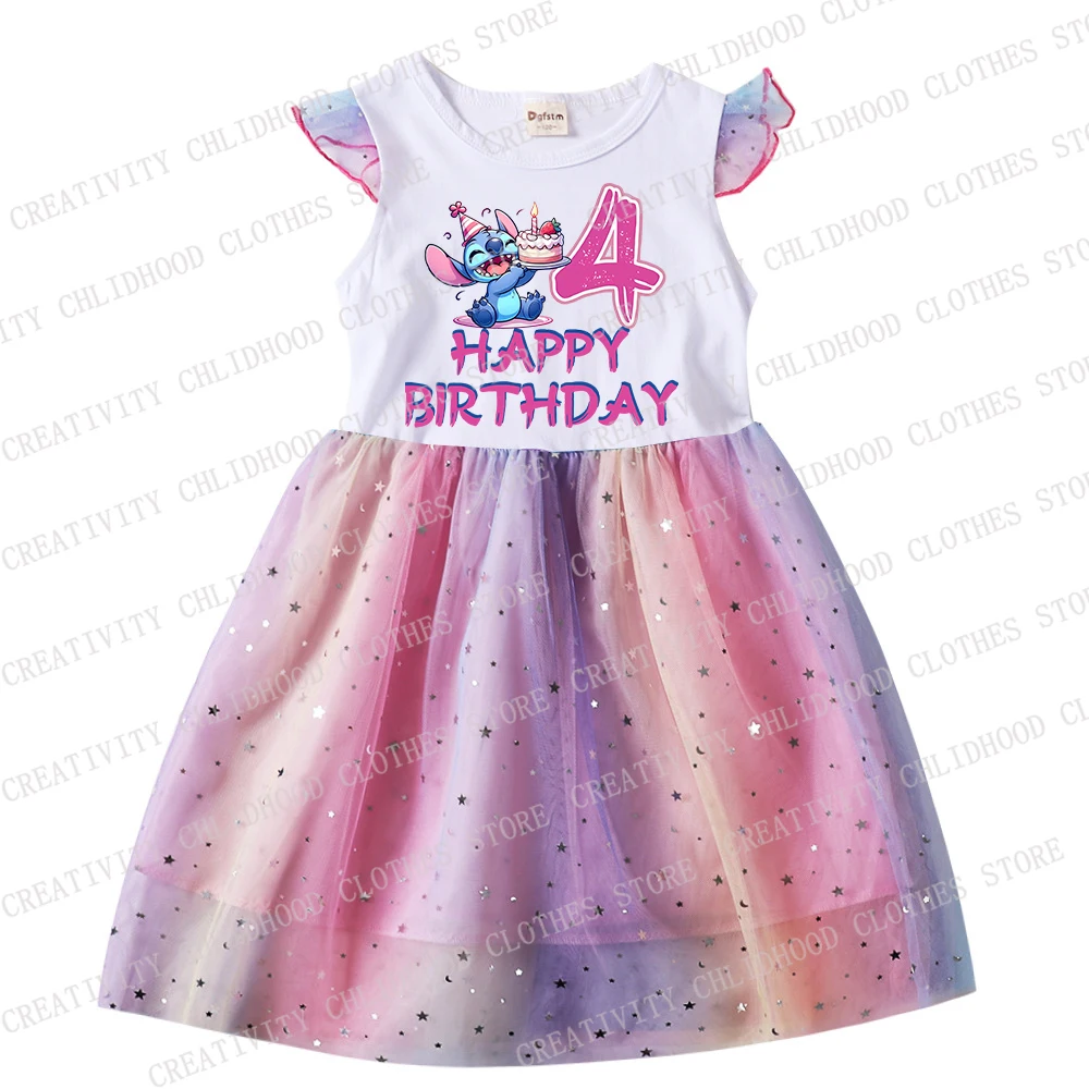 Children Girl Stitch Dress Print Number 1234566789 for Girls Princess Disney Gauze Dresses Kids Baby Gifts Party Fashion Clothes