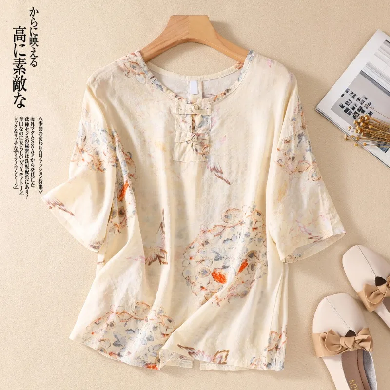 Chinese Style Women\'s Shirt Summer Prints Vintage Blouses Loose Short Sleeves Women Tops Cotton Linen Fashion Clothing