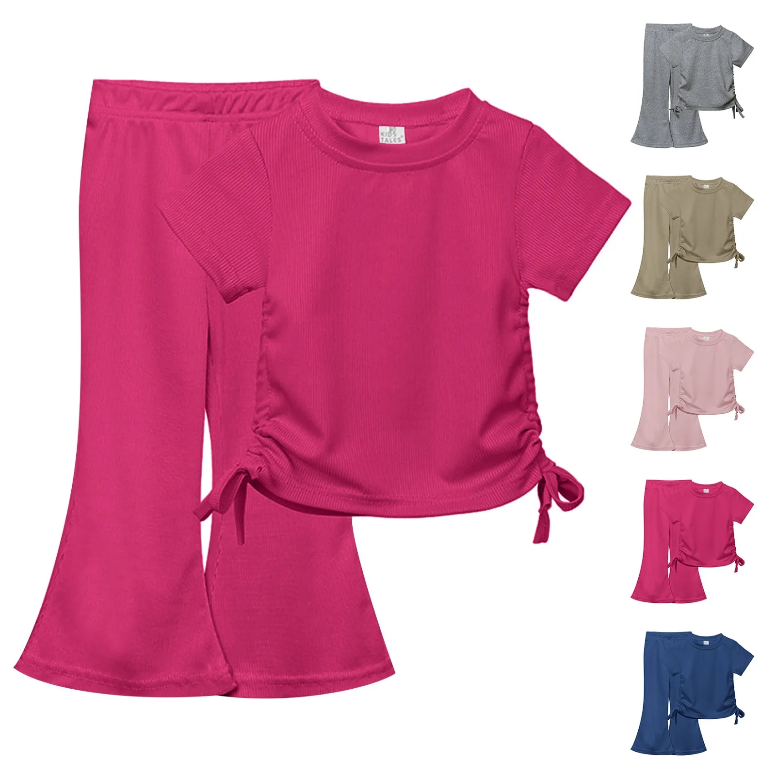

Baby Stretch Wrap Girls Clothes Summer Solid Short Sleeve T Shirt Tee Flare Pants Set Toddler Bell Bottoms Girls Pants Set 14 16