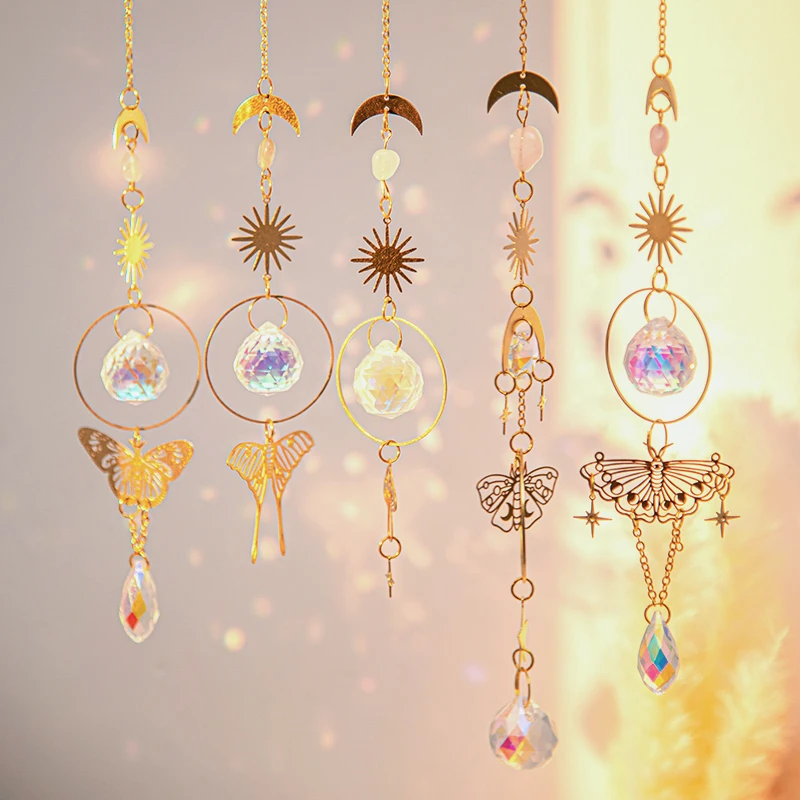 Crystal Suncatcher Butterfly Wind Chime Pendant Fairy Butterfly Rainbow Chaser Wind Chimes Home Garden Decor Window Bell Chain