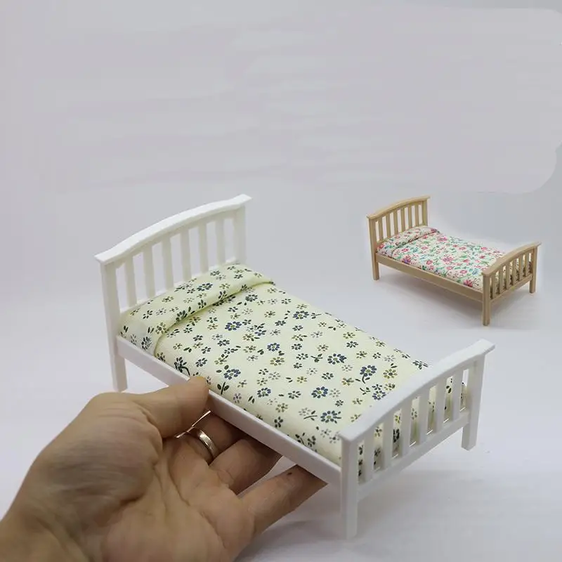 

HMA76-1 Pc 1:12 Dollhouse Accessories Miniature Floral Single Bed Model Mini Furniture Bedroom Micro Scene Decoration