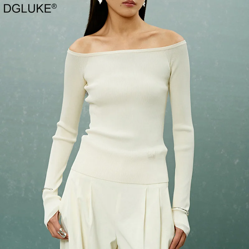 DGLUKE White Off Shoulder Sweater Women Ribbed Knitted Long Sleeve Sweater Spring Autumn Elegant Blouse Crop Top