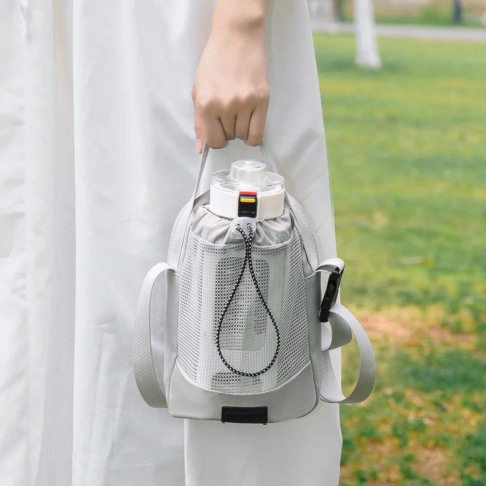 Women's Grey Mesh Water Bottle Bag with Drawstring Closure and Shoulder Strap Portable Drink Carrier for Outdoor Travel Daily