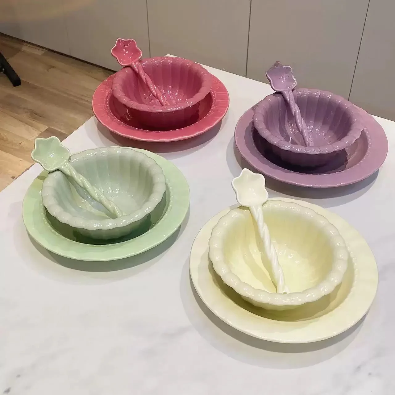 Ceramic Bowl Set with Spoon Cream Style Home Use High Aesthetic Value Cute Salad Bowl Dessert Fruit Soup Bowl Large Diameter view 2