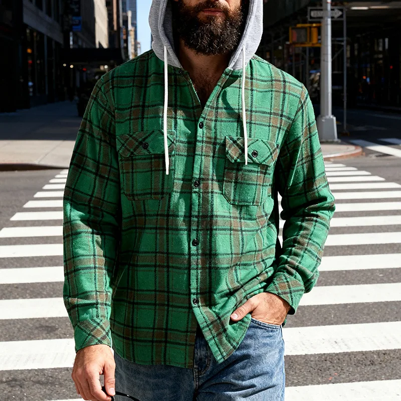 Men's Plaid Flannel Shirt Jacket Detachable Hooded Button-Down Shacket for Casual Wear