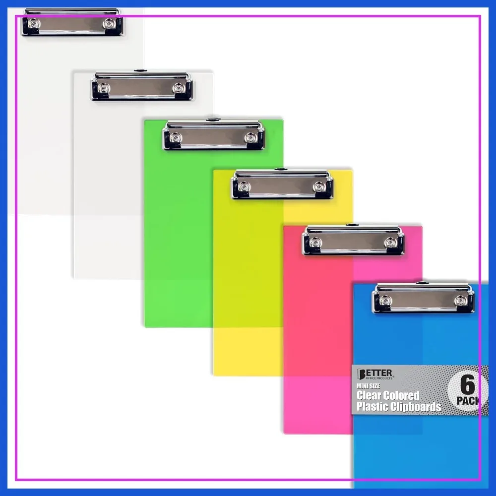 

Mini Clipboards 6 Pack, Plastic, Low Profile Clips, Assorted Translucent Colors, Durable, A6 Memo Size, 5.3" x 8"
