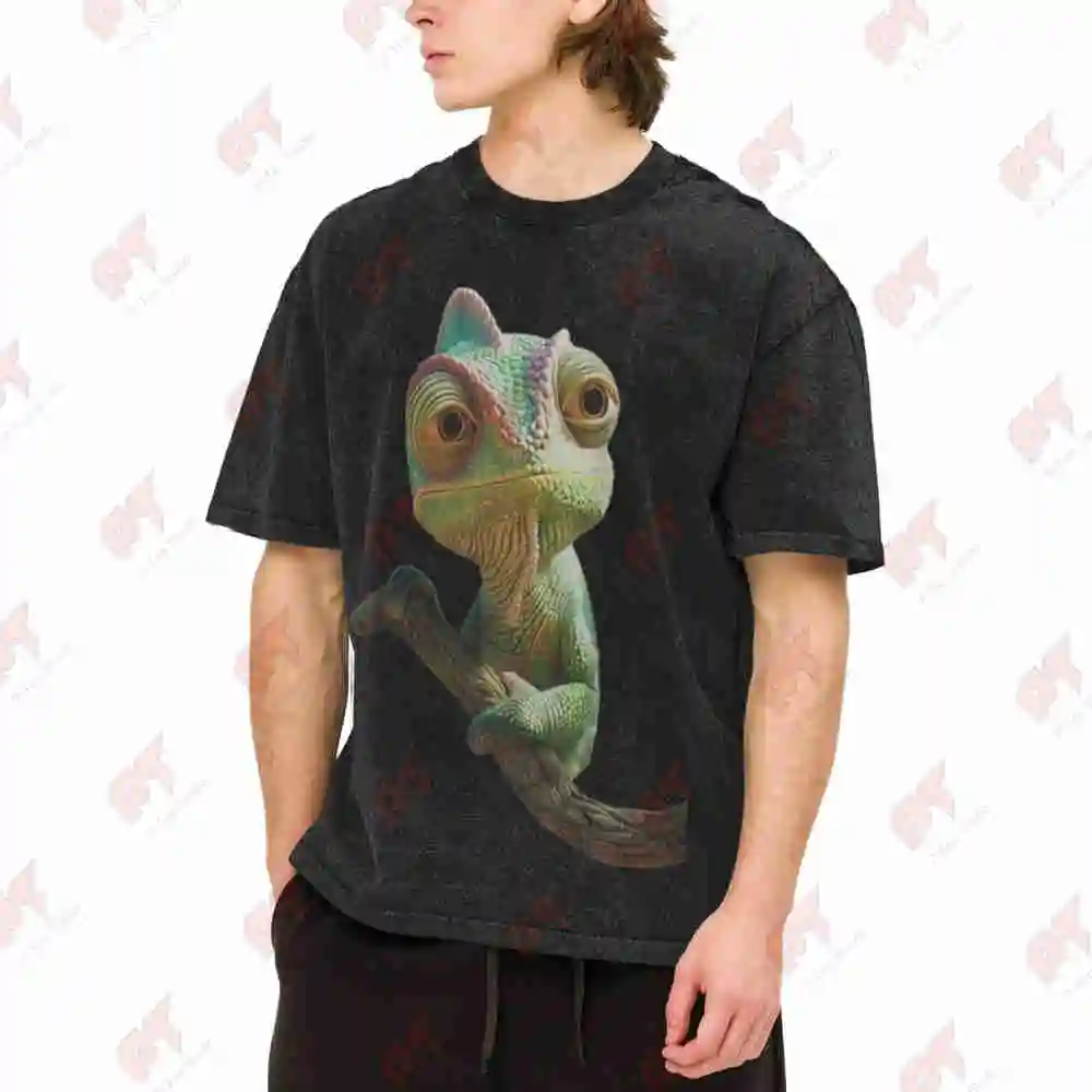 Chameleon Lizard Iguana Vintage Washed Tee Pure Cotton T-Shirt