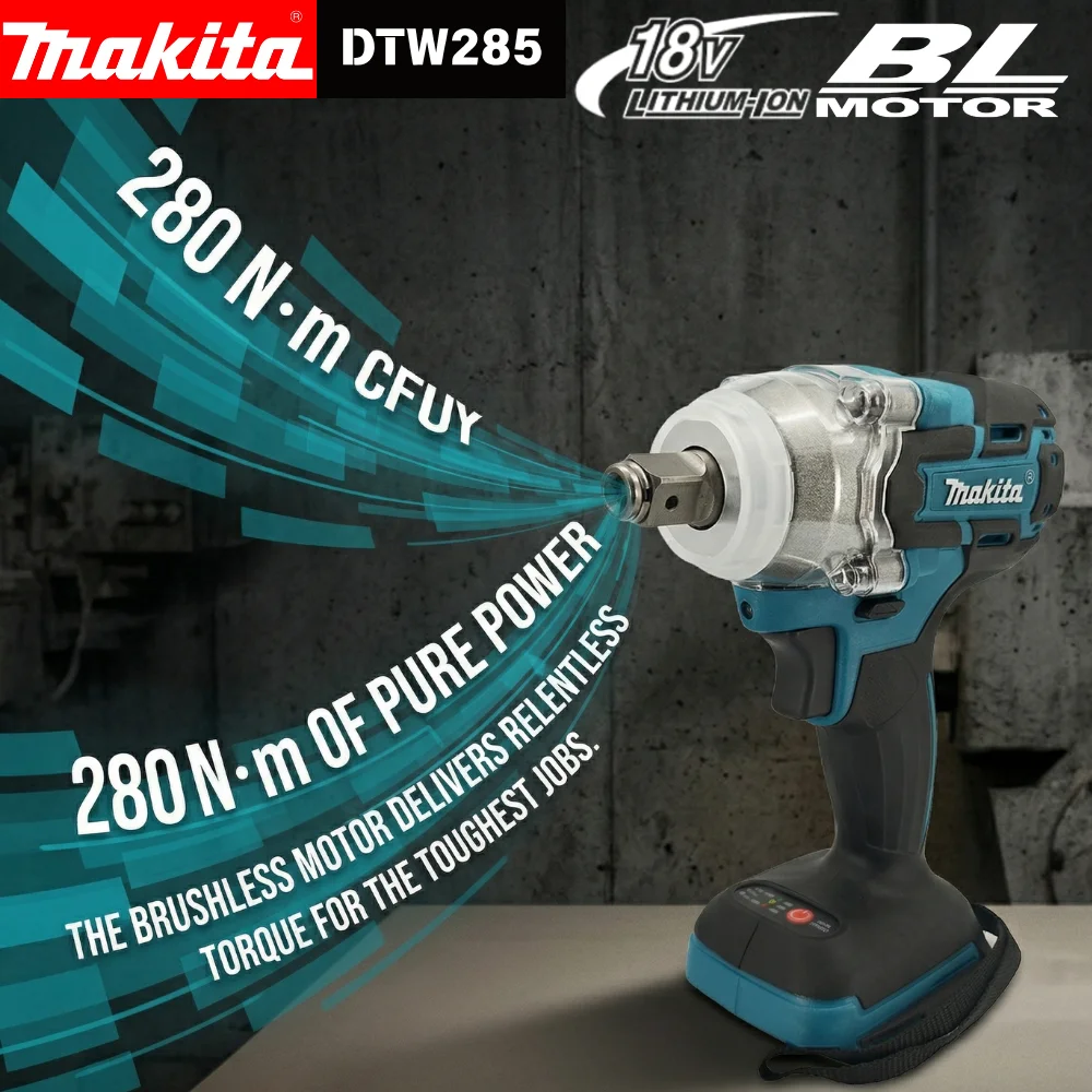 Makita DTW285 18V Brushless Impact Wrench Cordless 280Nm High Torque Electric Screwdriver for Automotive and DIY Use