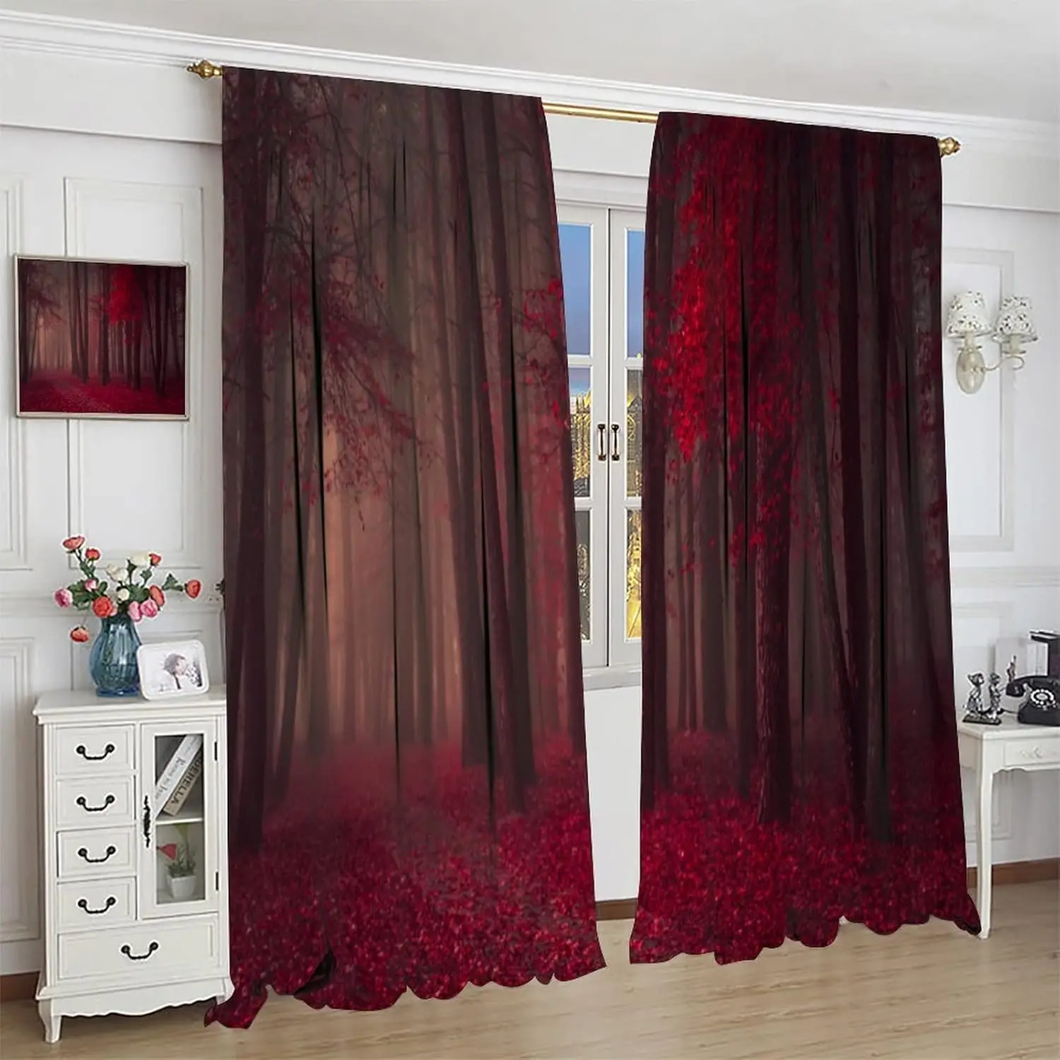 

Forest Blackout Curtains,Red Leaf Print Gothic Style Forest Landscape Darkening Décor Curtains for Bedroom Living Room Drapes