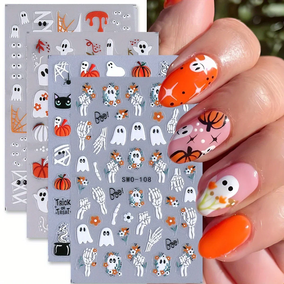 

4pcs Cartoon Spooky Ghosts Matte Nail Stickers Skeleton Hand Pumpkins Spider Design Adhesive Sliders Halloween Manicure Decals