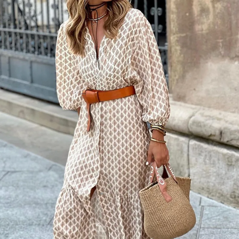 

New Floral V-neck Street Bohemian Dress Fashionable Loose Half-Sleeve Button Party Long Dress Women Elegant Fashion Dress