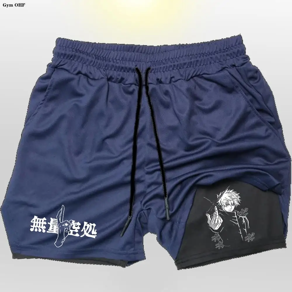 الصالة الرياضية السراويل الرجال 2 في 1 طبقة مزدوجة تجريب الرياضة الركض ملابس رياضية التدريب السراويل الرياضية الذكور الصيف الأداء أنيمي السراويل