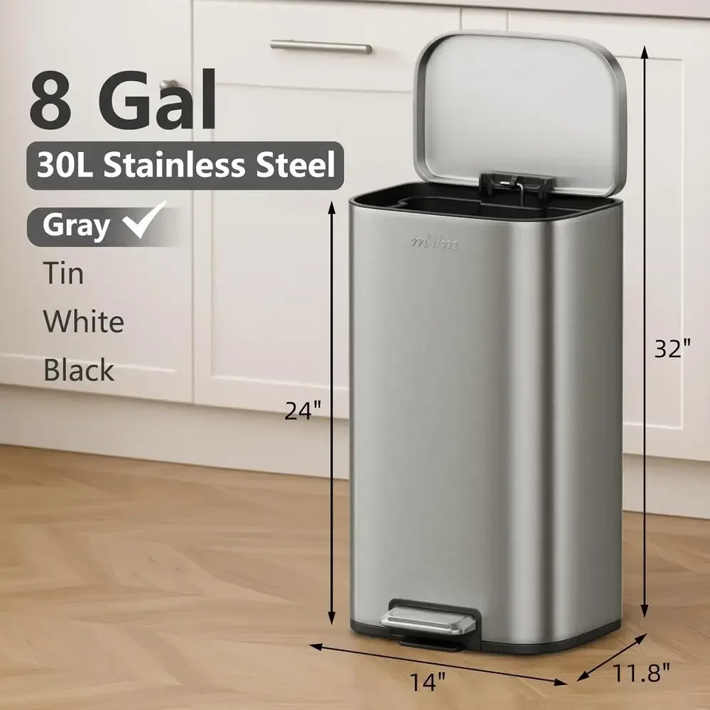 Dual-Bin Trash Can Set, 8+5.3 Gallon Step-On Wastebasket with Lid, Smooth Edge Design for Home Office (Gray)