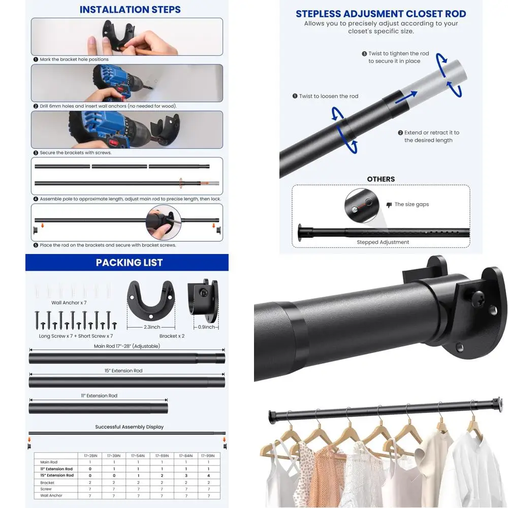 

Adjustable Metal Closet Rods, 17-54 Range, Heavy Duty for Hanging Clothes, Black