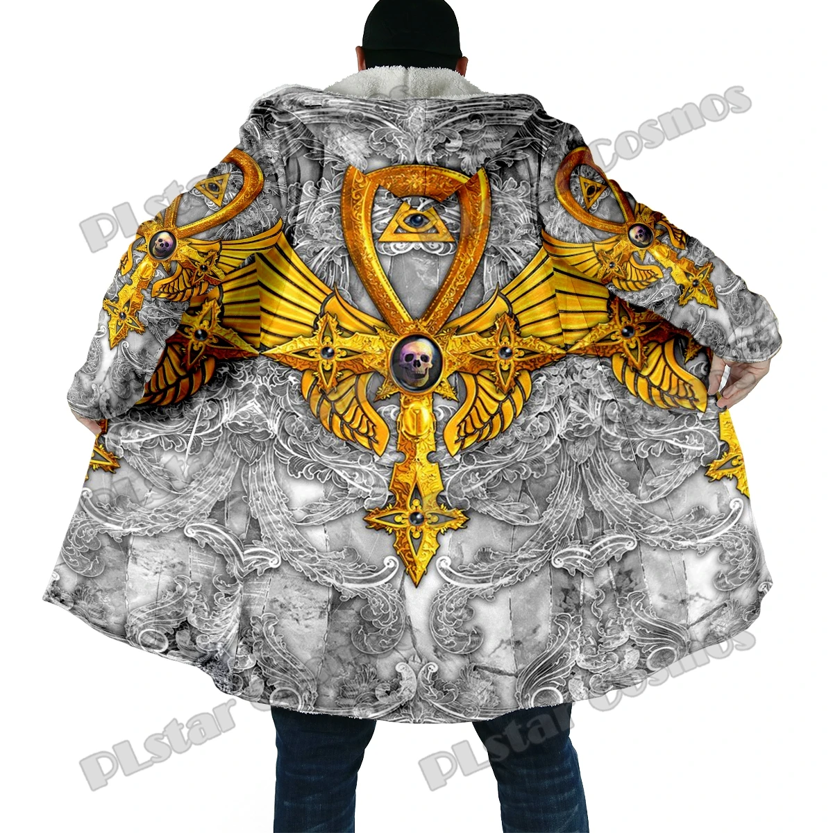 Winter Fashion Men cloak Ancient Egypt Ankh And Skull 3D Printed Thick Fleece Hooded Cloak Unisex Casual Warm Cape Coat DP37