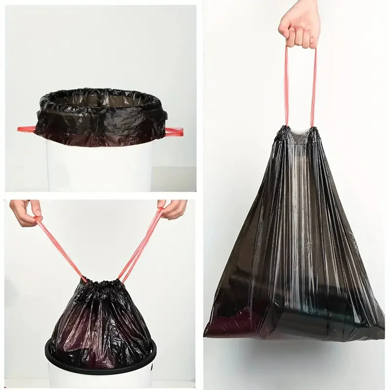 75/150PCS Black Trash Bags Disposable Thicken Drawstring Garbage Bags Kitchen Office Outdoor Cleaning Waterproof Oil Proof