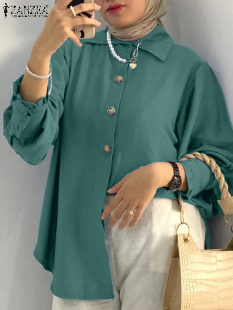 

Women Muslim Blouse Autumn Elegant Solid Tops Lapel Neck Long Sleeve Shirt ZANZEA Fashion Abaya Turkey Dubai Blusas Oversize