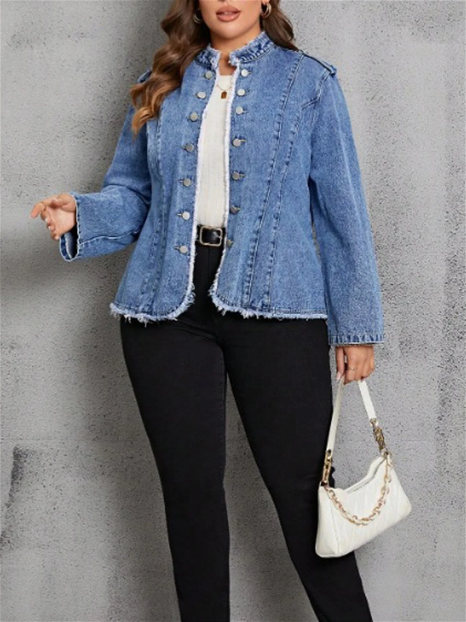 Mulheres plus size denim jaqueta cor sólida gola manga longa botão para baixo jeans jaqueta outono casaco outerwear