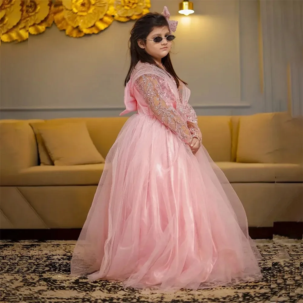 Vestido de niña de las flores personalizado con lentejuelas y apliques, cuello redondo, manga larga, corte en A, plisado, largo hasta el suelo, clásico para Primera Comunión