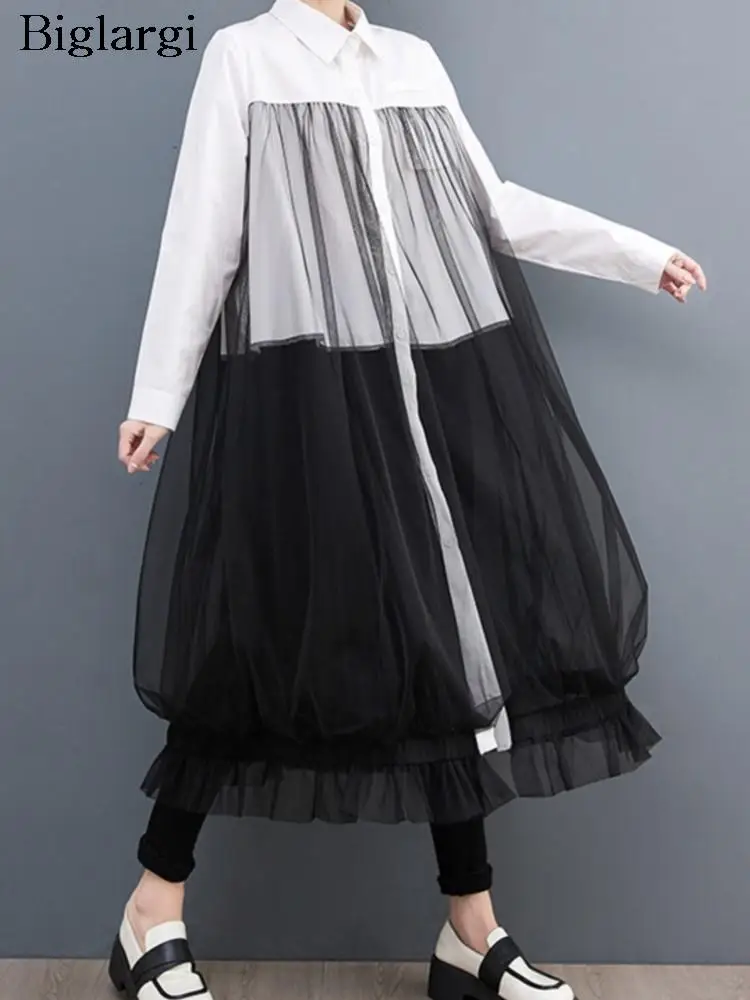 

Autumn Shirt Dress Women Mesh Patchwork Long Sleeve Ladies Dresses Fashion Casual Loose Pleated Long Dress Oversized Woman