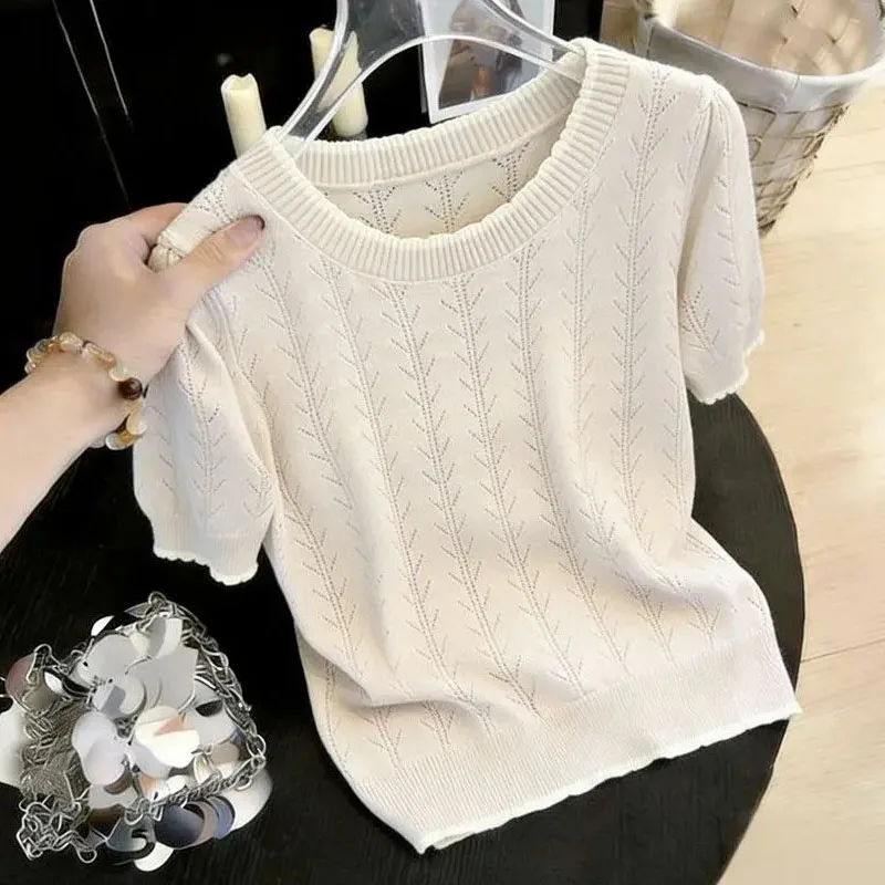 

Fashion Short Sleeve Hollow Out Knitted Sweater Women Pullovers Summer O-Neck Knit Sweater Pullover Women Tops Knitwears Q4152