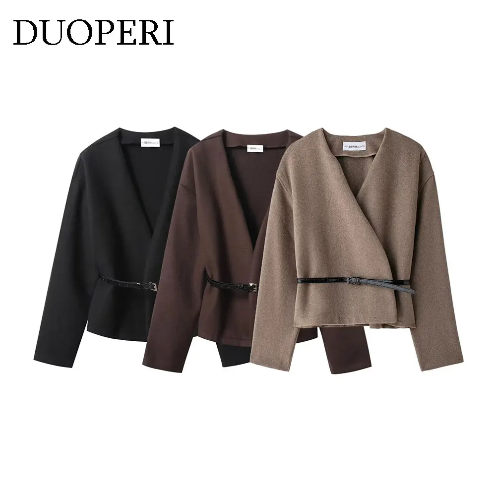 

DUOPERI женская однотонная укороченная куртка модная с поясом с v-образным вырезом и длинными рукавами повседневная женская элегантная шикарная женская одежда