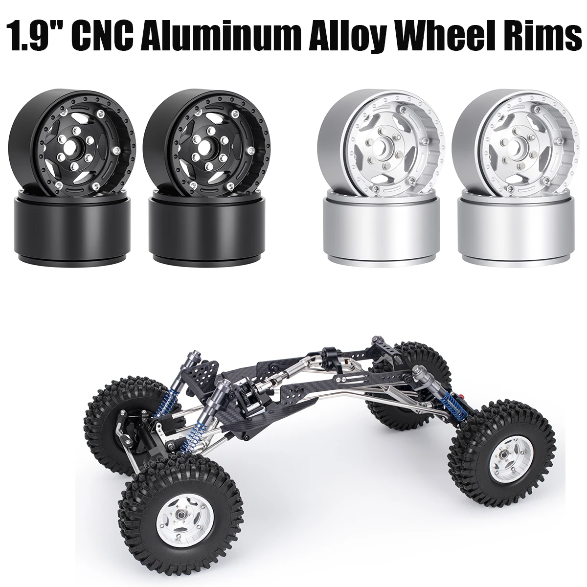 1.9 Inch Aluminum RC Wheels 4PCS, 12mm Hex Adapter CNC Beadlock Rim for 1/10 Crawler