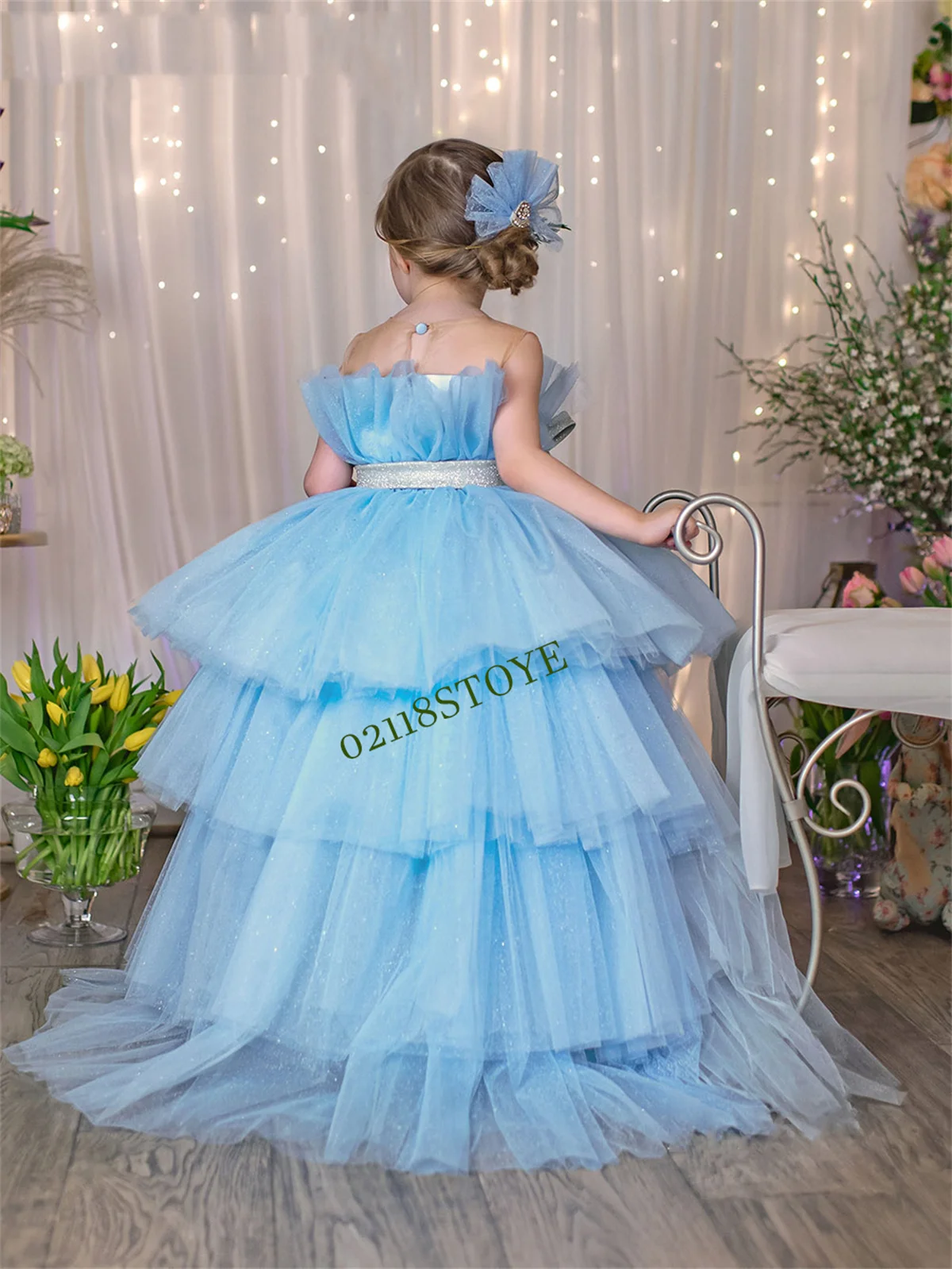 Robe de princesse bouffante en tulle bleu pour filles, jolie robe de bébé fille, robe d'anniversaire, robe de demoiselle d'honneur, robe de soirée de mariage