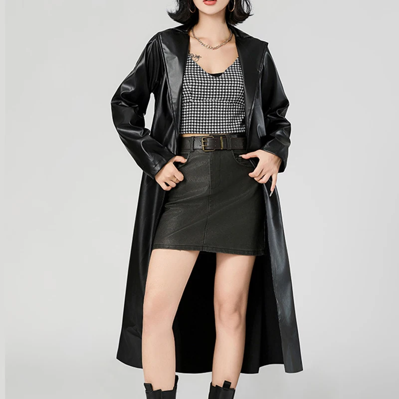 المرأة الشارع الشهير سترة واقية سوداء التعادل بولي سترات سترات من الجلد للنساء خريف شتاء يندبروف أنوراكس خندق معطف للنساء #1