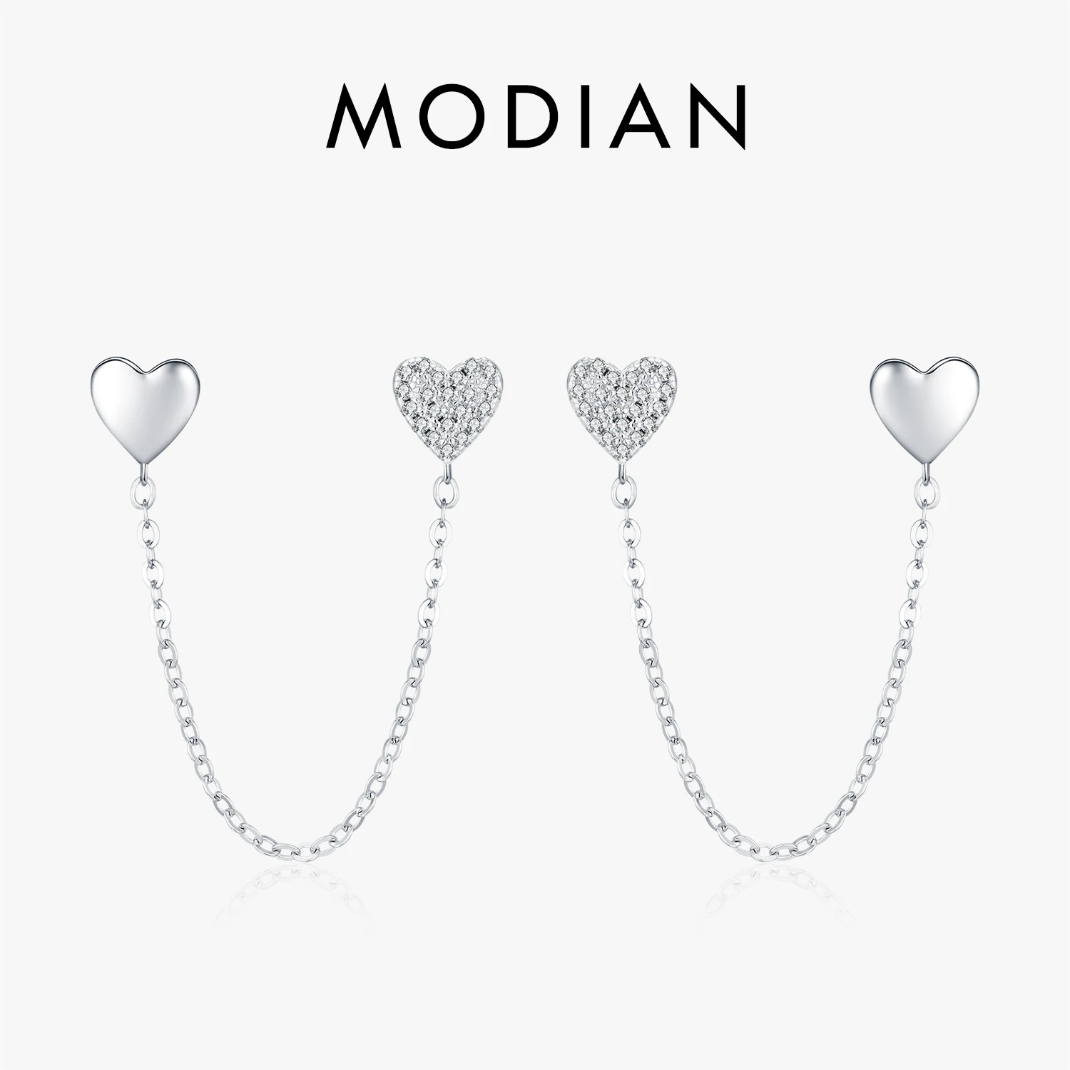 MODIAN Long Chain Tassel Earrings 925 Sterling Silver Delicate Mirror Hearts CZ Stud Earrings For Women Fine Stackable Jewelry