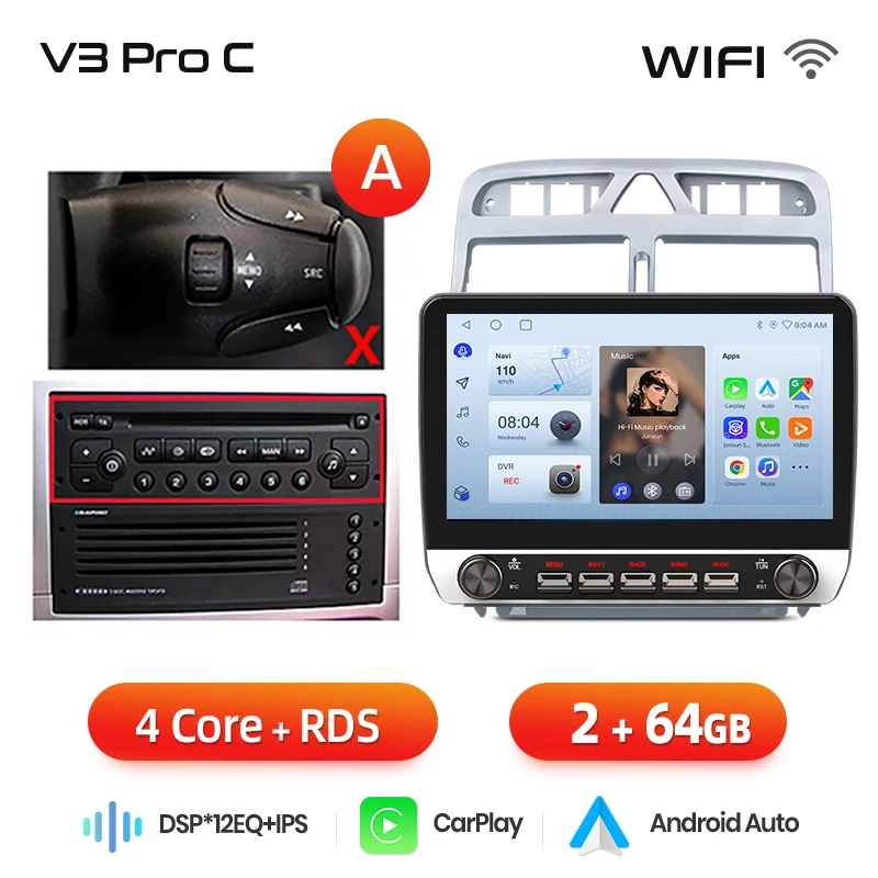 Junsun 10.1 "Draadloze Carplay AndroidAuto Autoradio voor Peugeot 307CC 307SW 2002-2013 radio met knoppen Bluetooth GPS 4G DSP