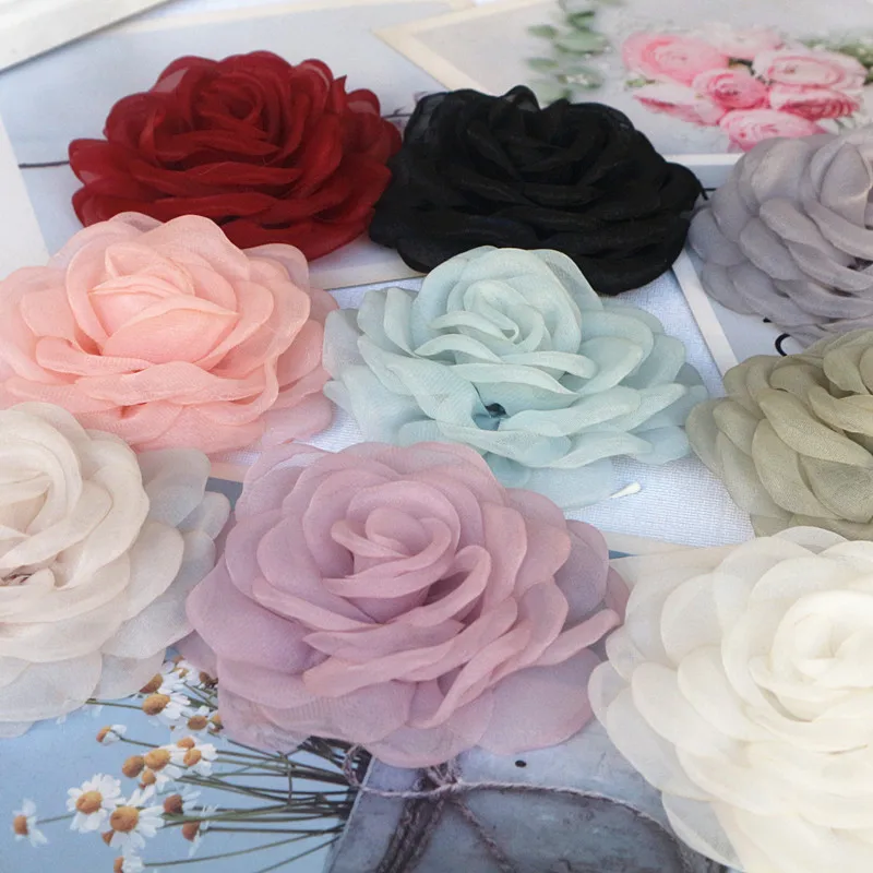 5Pcs 8CM Organza Artificial Flower Head Fake Rose Flowers For Home Decor Wedding Party Hats Hair Decoration Bride Accessories