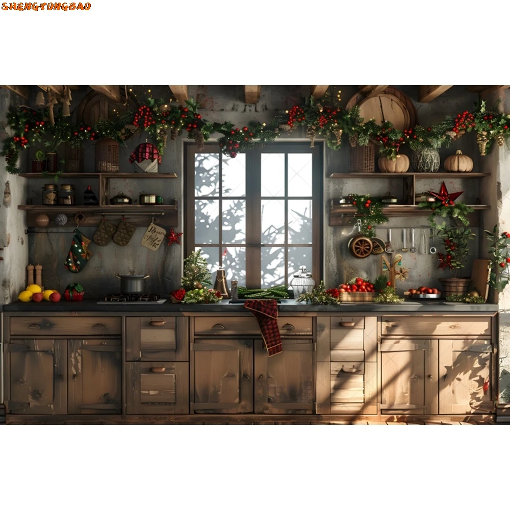 คริสต์มาสห้องครัวการถ่ายภาพฉากหลังฤดูหนาว Vintage ตู้หน้าต่างคริสต์มาสเด็กครอบครัวภาพพื้นหลังตกแต่ง Photo Studio