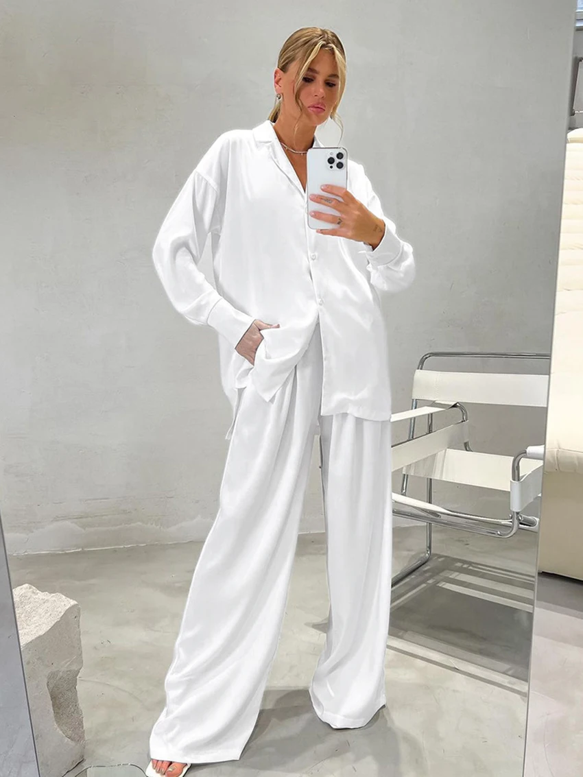 Marthaqiqi Loose Women\'S Nightwear Set Sexy Turn-Down Collar Sleepwear Long Sleeve Nightgowns Wide Leg Pants Ladies Pajamas Suit