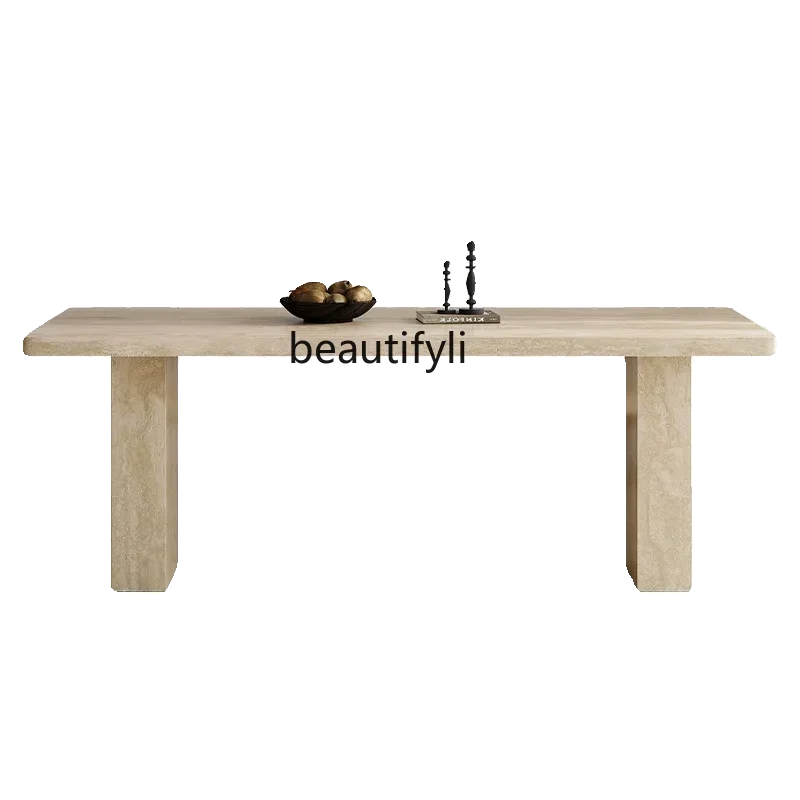 French retro travertine rock slab dining table and chair combination modern home designer medieval dining table