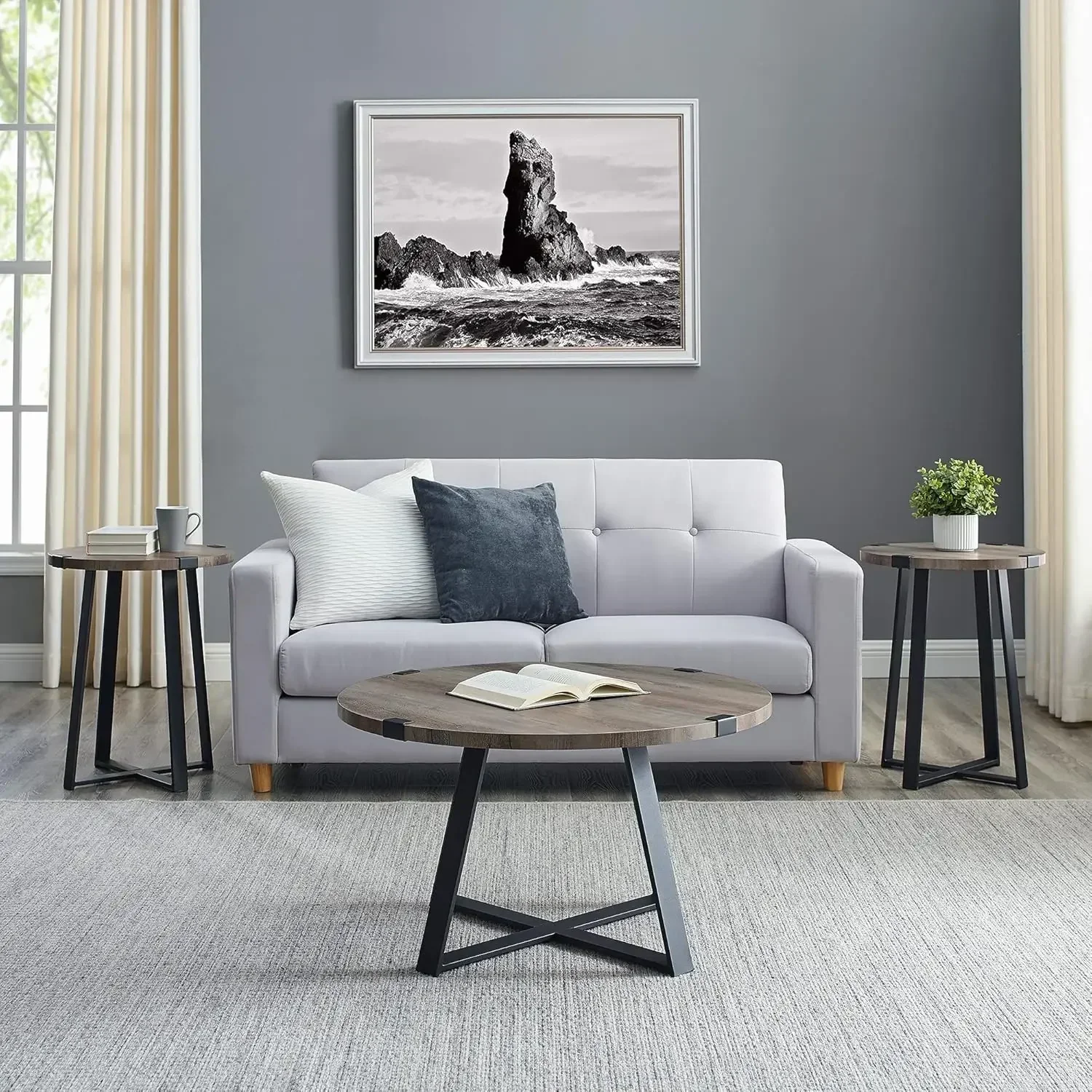 XMSJ-Anastasia Mesa de centro moderna com base em X com envoltório de metal, 30 polegadas, carvalho preto e rústico